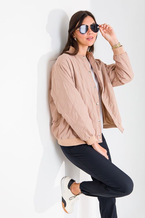 Rib Trim Quilted Bomber, Taupe