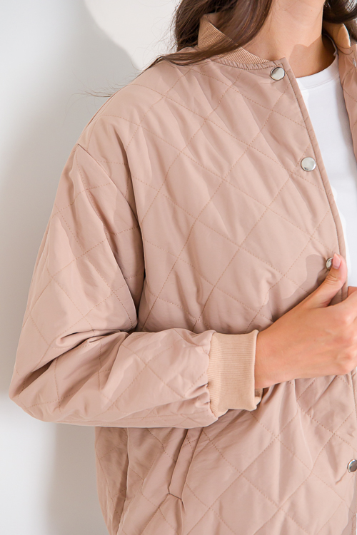 Rib Trim Quilted Bomber, Taupe