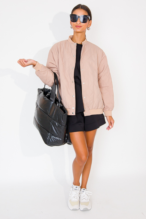 Rib Trim Quilted Bomber, Taupe