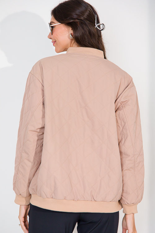 Rib Trim Quilted Bomber, Taupe