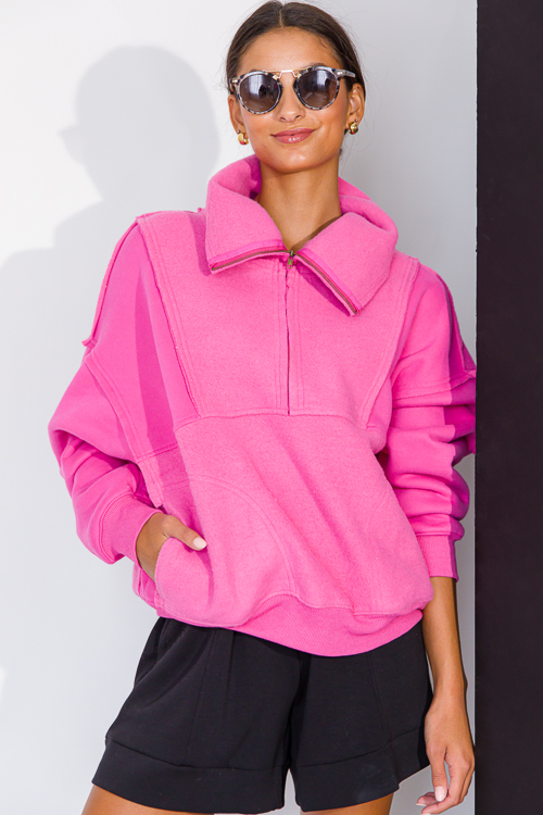 Solid Contrast Zip Pullover, Pink