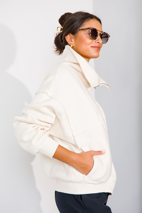 Solid Contrast Zip Pullover, Cream
