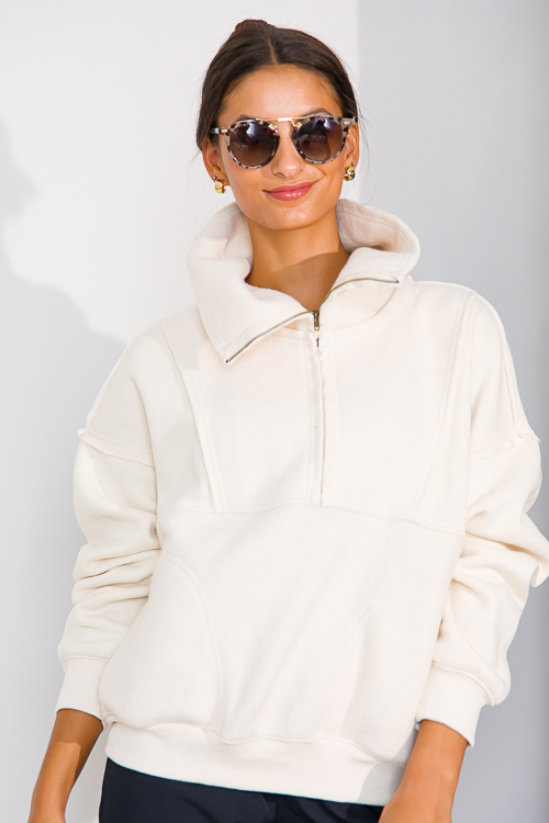 Solid Contrast Zip Pullover, Cream