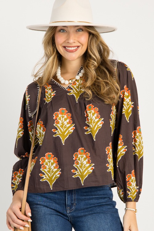 Margaret Floral Top, Chocolate
