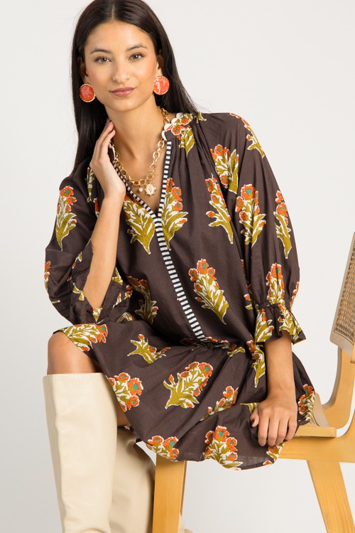 Center Stripe Floral Dress, Chocolate