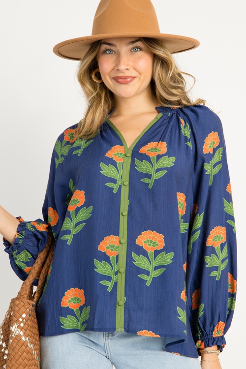 Floral Button Front Top, Navy Mix