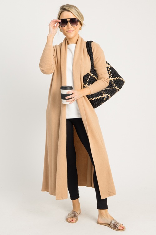 Waffle Knit Long Cardigan, Camel