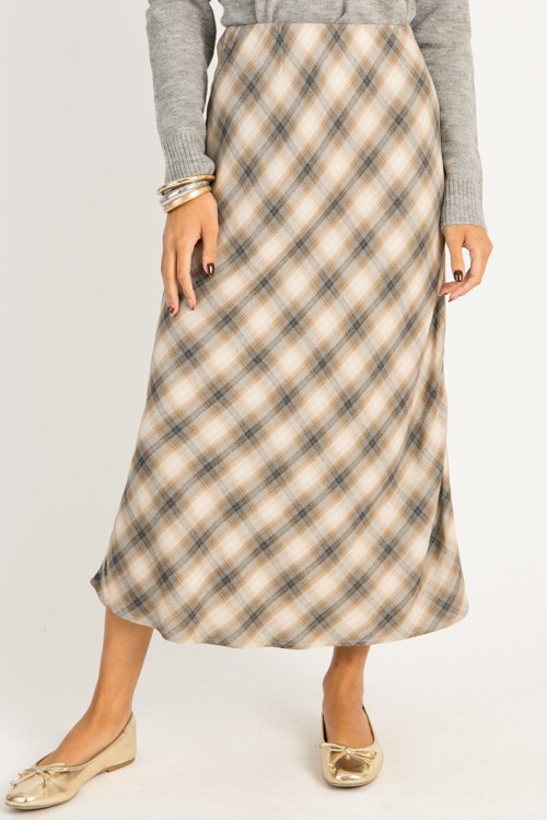 Plaid Timing Midi Skirt, Charcoal