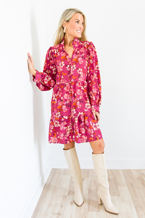 Button Front Floral Dress, Magenta
