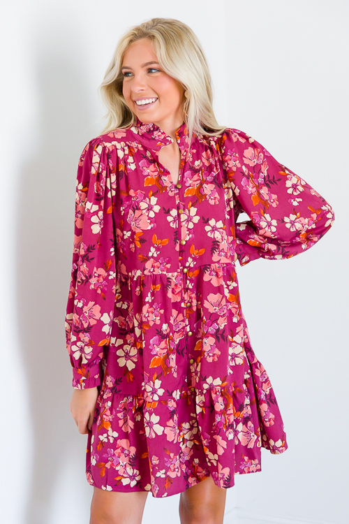 Button Front Floral Dress, Magenta