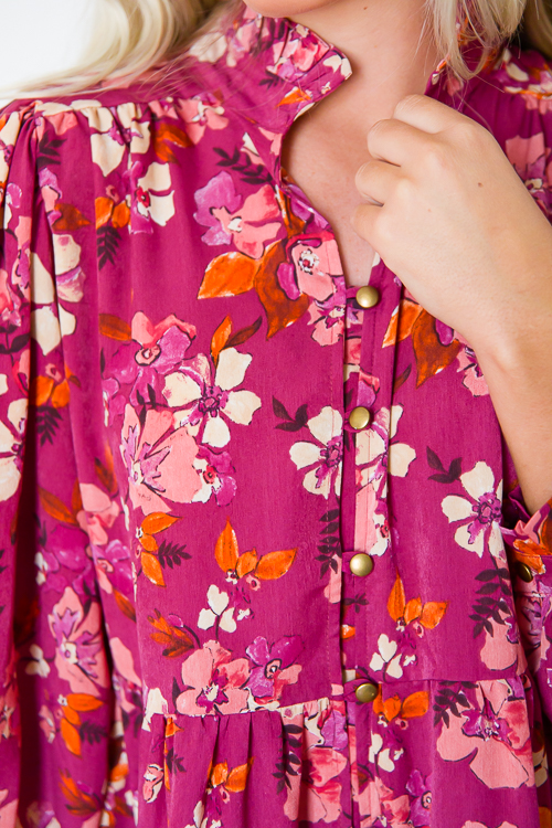 Button Front Floral Dress, Magenta