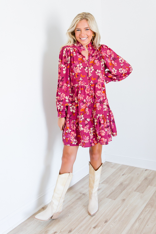 Button Front Floral Dress, Magenta