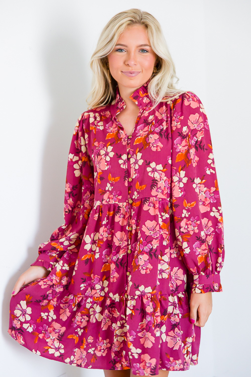 Button Front Floral Dress, Magenta