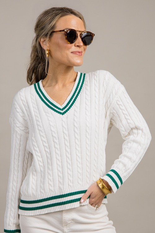 Varsity Cable Knit Sweater, White