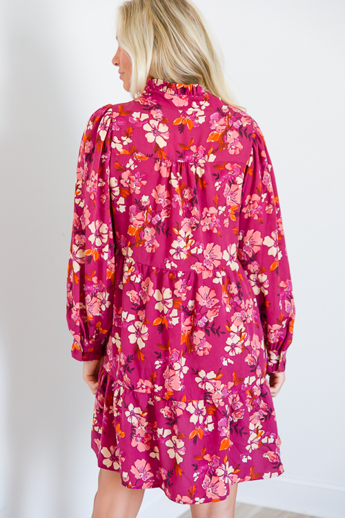 Button Front Floral Dress, Magenta