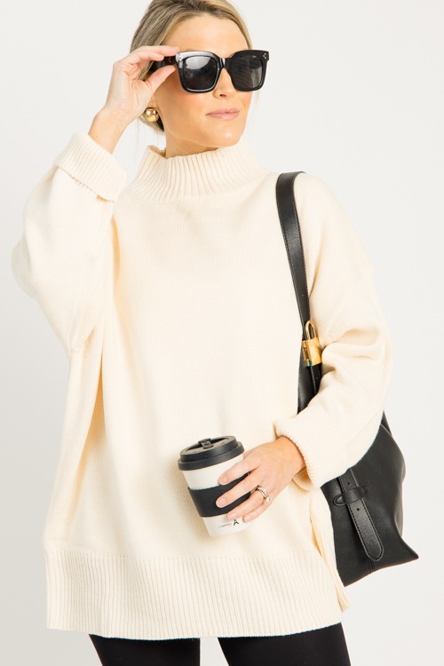 Mock Neck Tunic Sweater, Cream