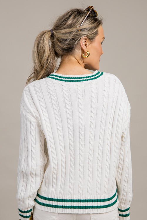 Cable knit varsity sweater hotsell