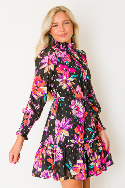 Metallic Rain Floral Dress, Black