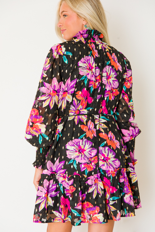 Metallic Rain Floral Dress, Black