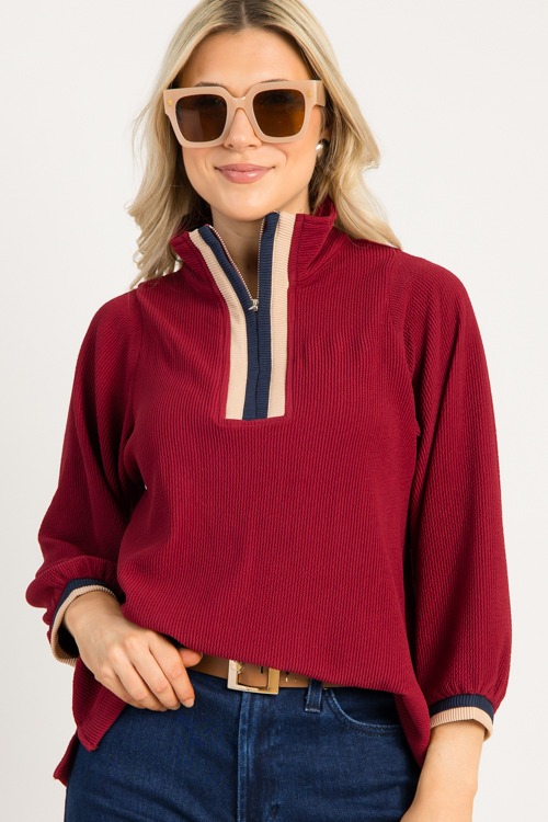 Rib Stripe Accent Pullover, Burgundy