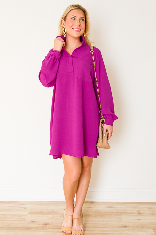 Single Pocket Shirt Dress, Magenta