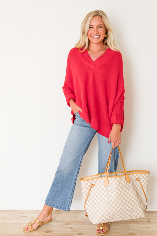 V-Neck Pullover Sweater, Red