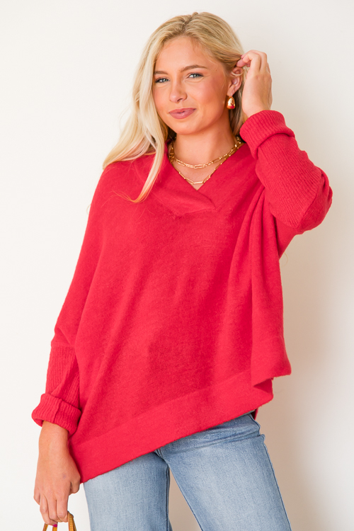 V-Neck Pullover Sweater, Red - New Arrivals - The Blue Door Boutique