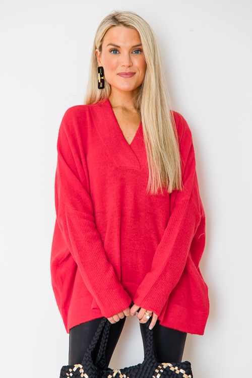 V-Neck Pullover Sweater, Red