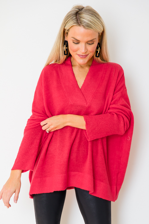 V-Neck Pullover Sweater, Red