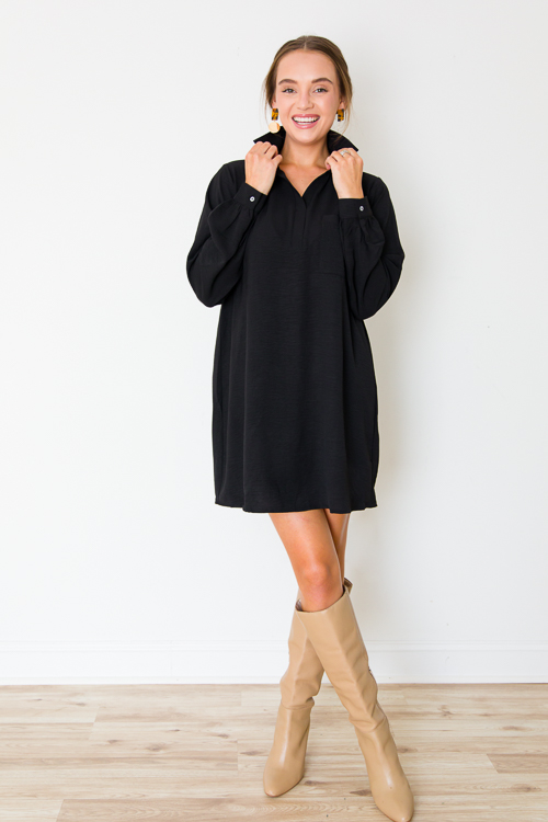 Single Pocket Shirt Dress, Black