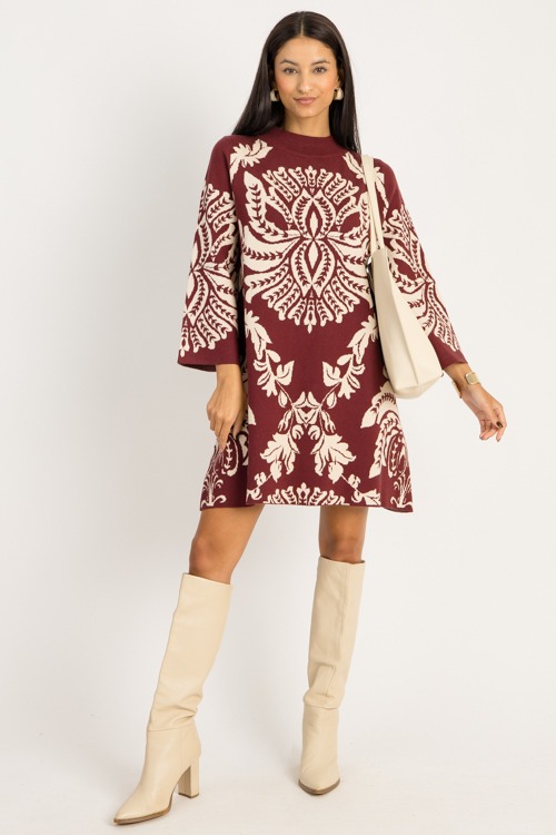 Chic Print Sweater Dress, Burgundy