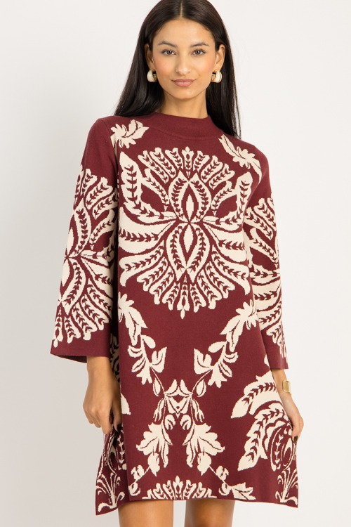 Chic Print Sweater Dress, Burgundy - 0919-21.jpg