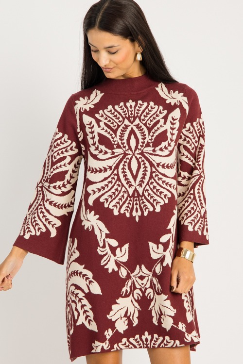 Chic Print Sweater Dress, Burgundy - 0919-22.jpg