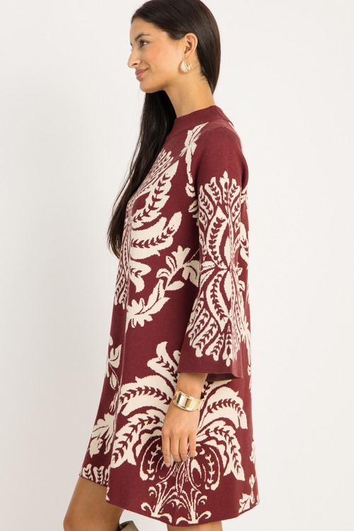Chic Print Sweater Dress, Burgundy - 0919-23.jpg