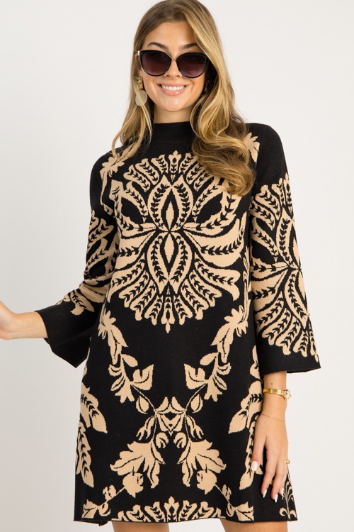 Chic Print Sweater Dress, Black