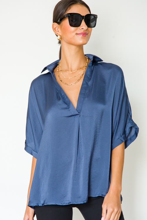 Raya Satin Blouse, Indigo