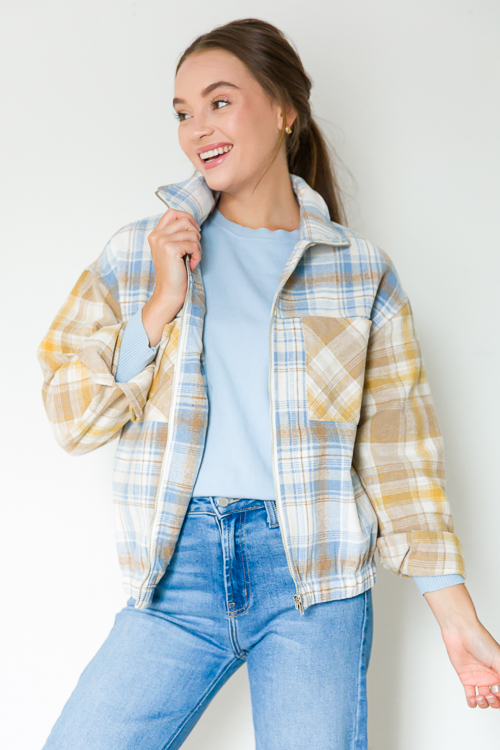 Plaid Contrast Zip Jacket, D. Blue