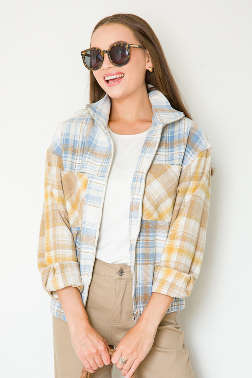 Plaid Contrast Zip Jacket, D. Blue