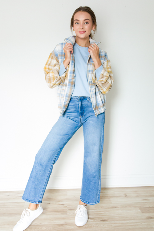 Plaid Contrast Zip Jacket, D. Blue