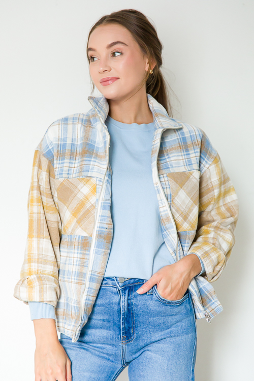 Plaid Contrast Zip Jacket, D. Blue