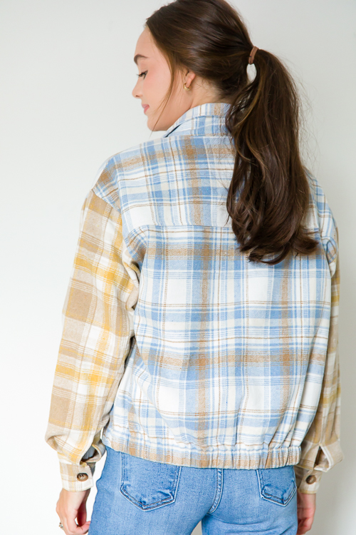 Plaid Contrast Zip Jacket, D. Blue