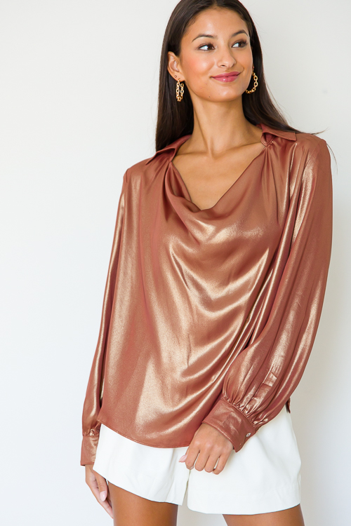 Foil Cowl Neck Blouse, Rust