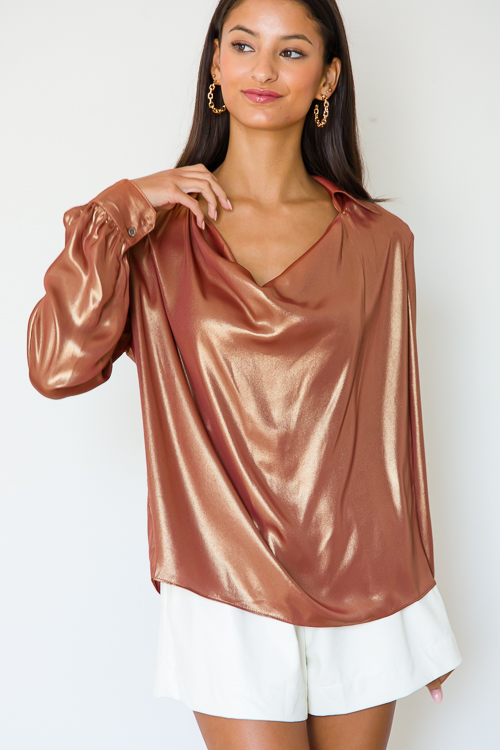 Foil Cowl Neck Blouse, Rust