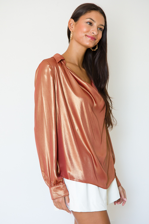 Foil Cowl Neck Blouse, Rust