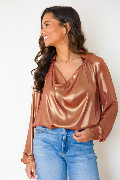 Foil Cowl Neck Blouse, Rust