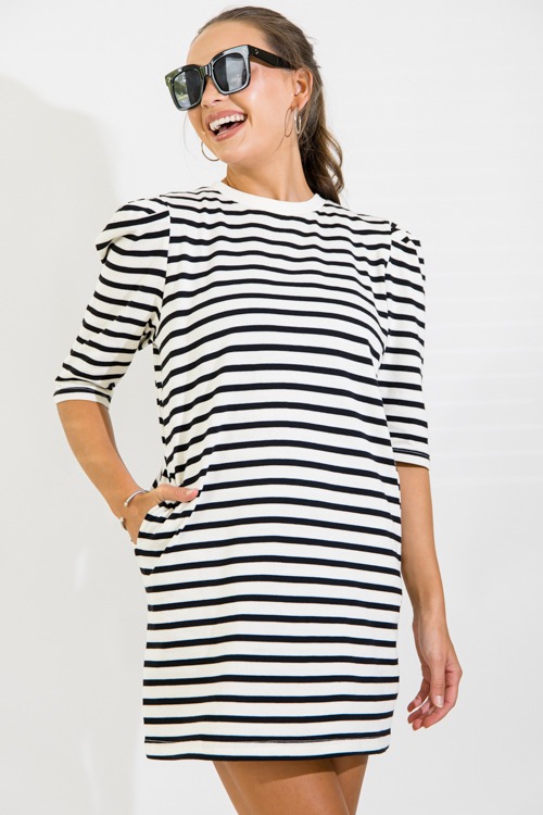 Puff Sleeve Stripe Dress, Black