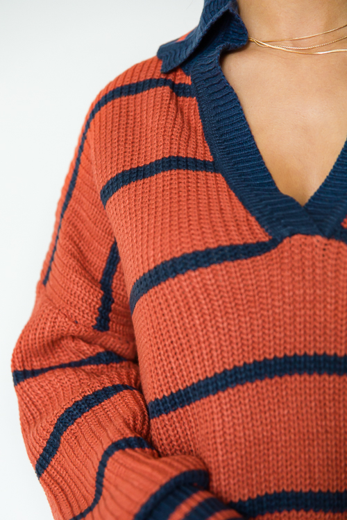 Valerie Stripe Sweater, Rust/Navy