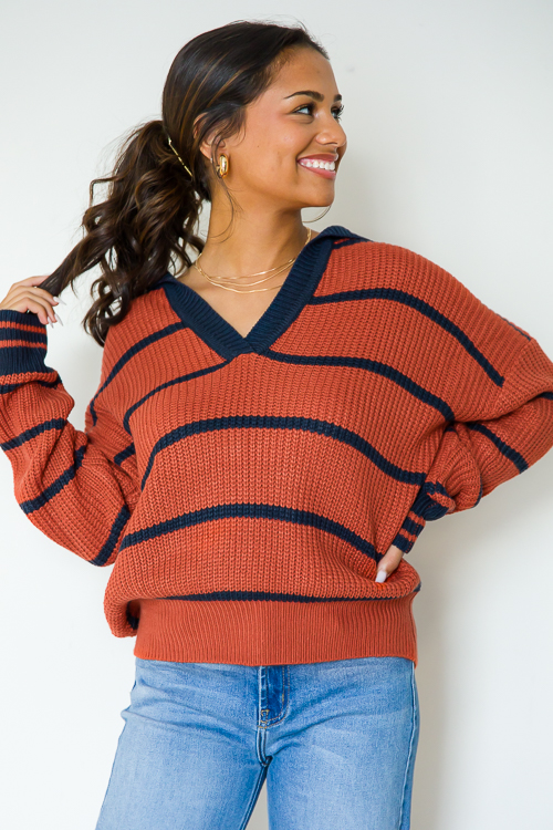 Valerie Stripe Sweater, Rust/Navy