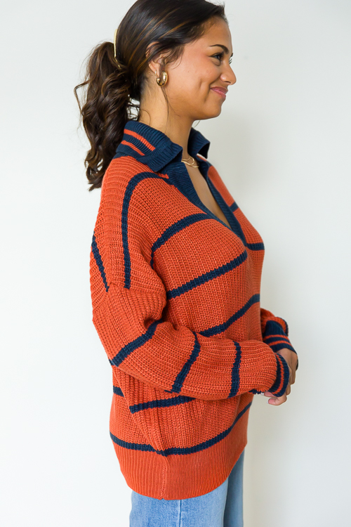 Valerie Stripe Sweater, Rust/Navy