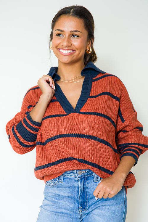Valerie Stripe Sweater, Rust/Navy